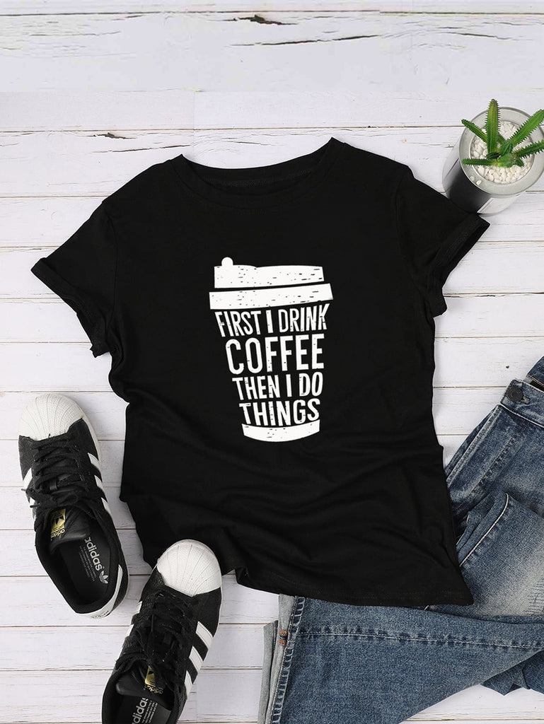 Slogan And Coffee Cup Print Tee.