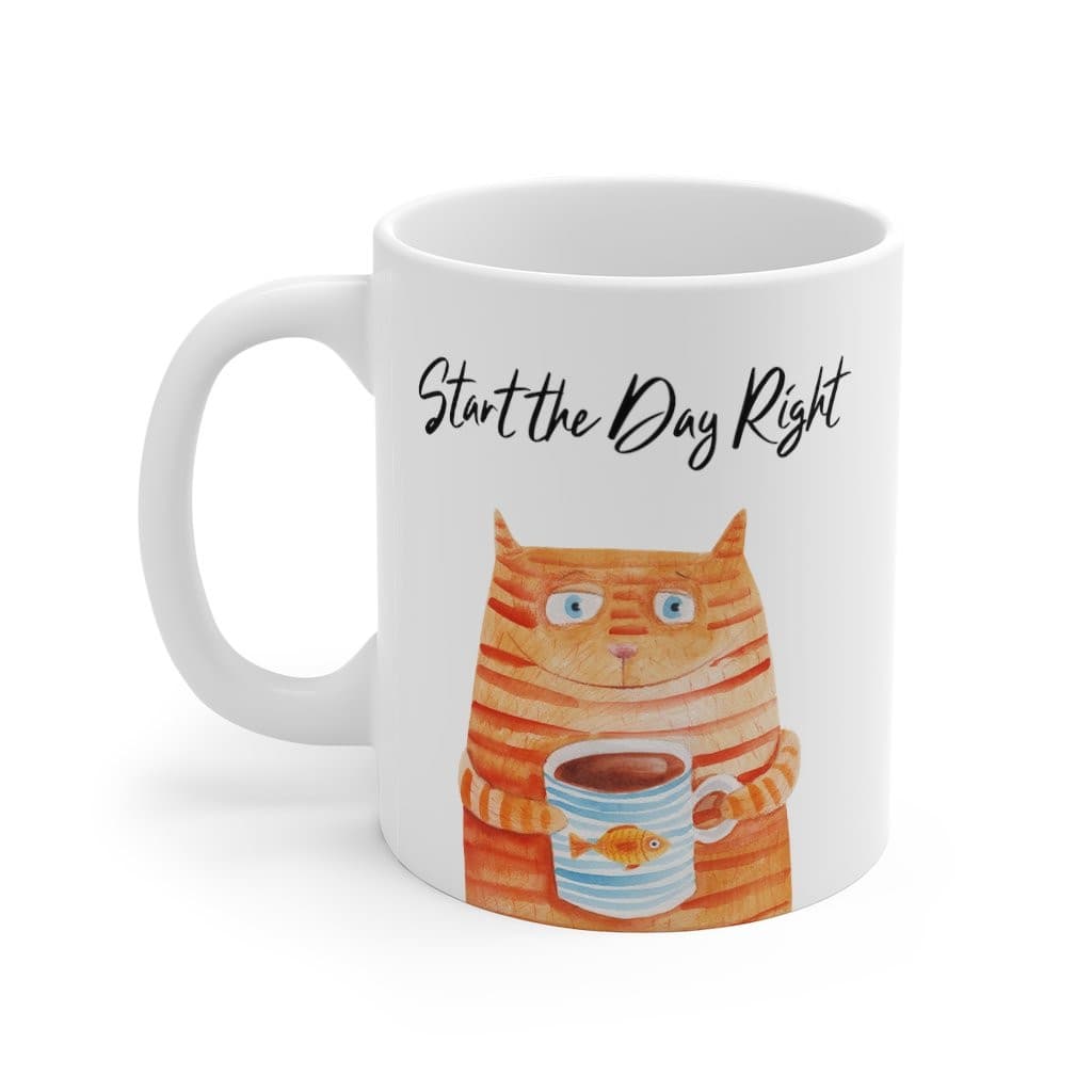 Start the Day Right Cat Holding Goldfish Coffee Tea Mug.