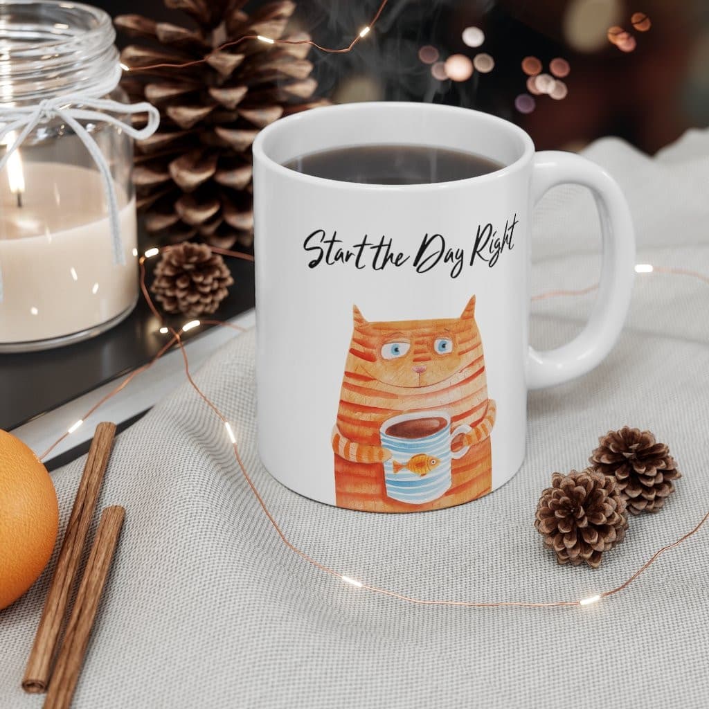 Start the Day Right Cat Holding Goldfish Coffee Tea Mug.