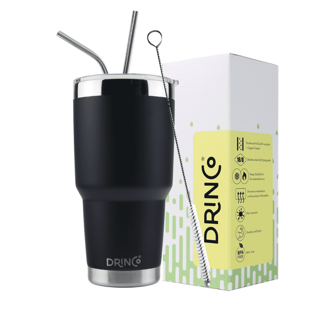 DRINCO® 30oz Insulated Tumbler Spill Proof Lid w/2 Straws (Black).