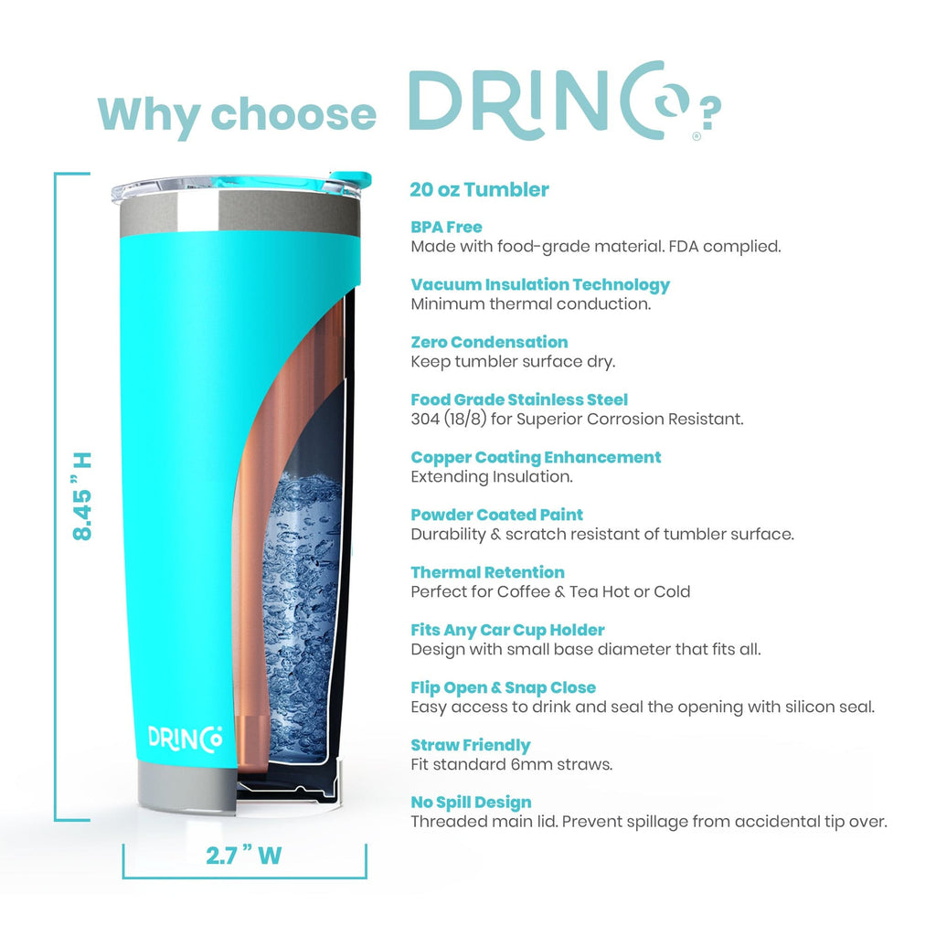 DRINCO®  20oz Insulated Tumbler w/Spill Proof Lid, 2 Straws(Teal).