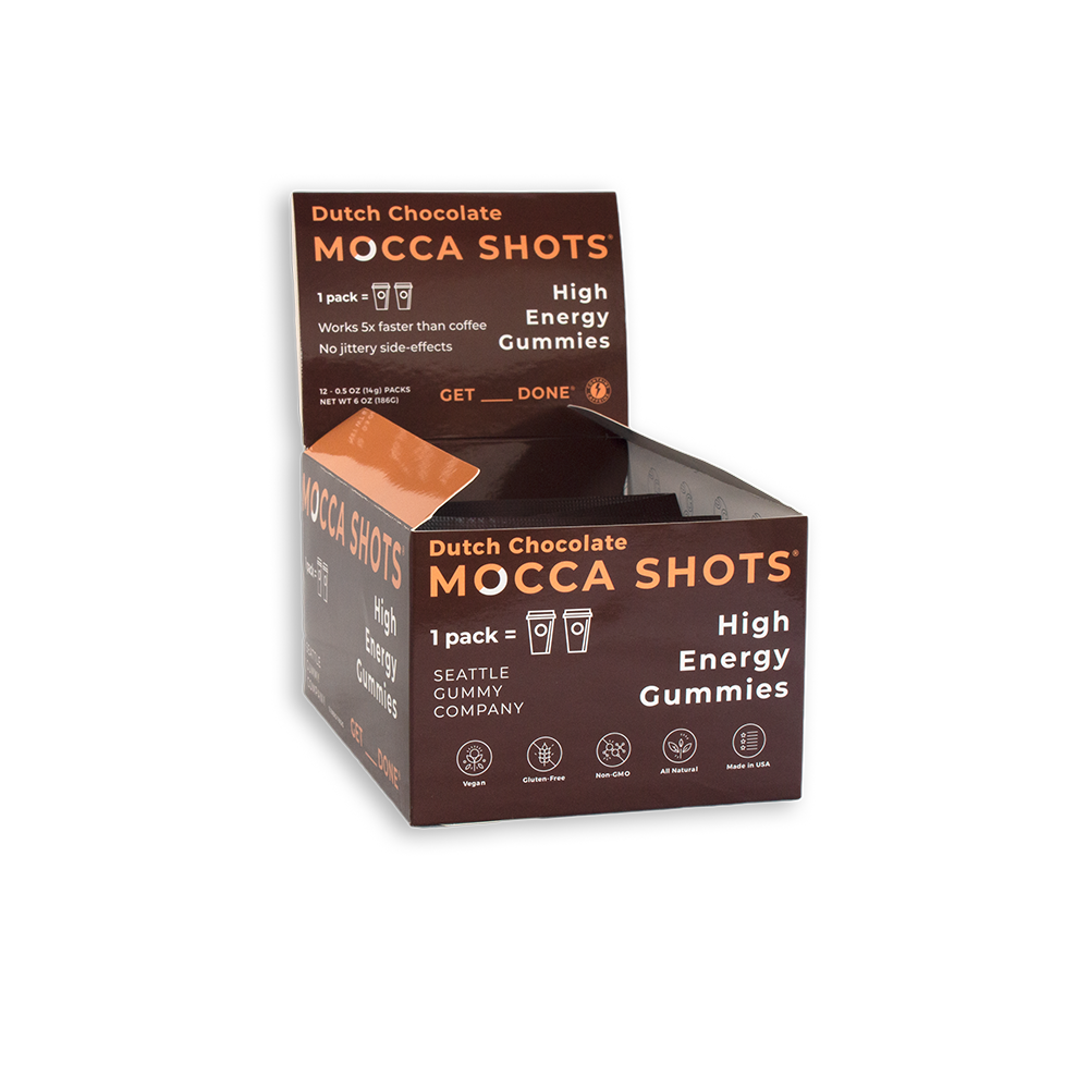Mocca Shots Dutch Chocolate Caffeine Gummy 12-pack 12x2 shots.