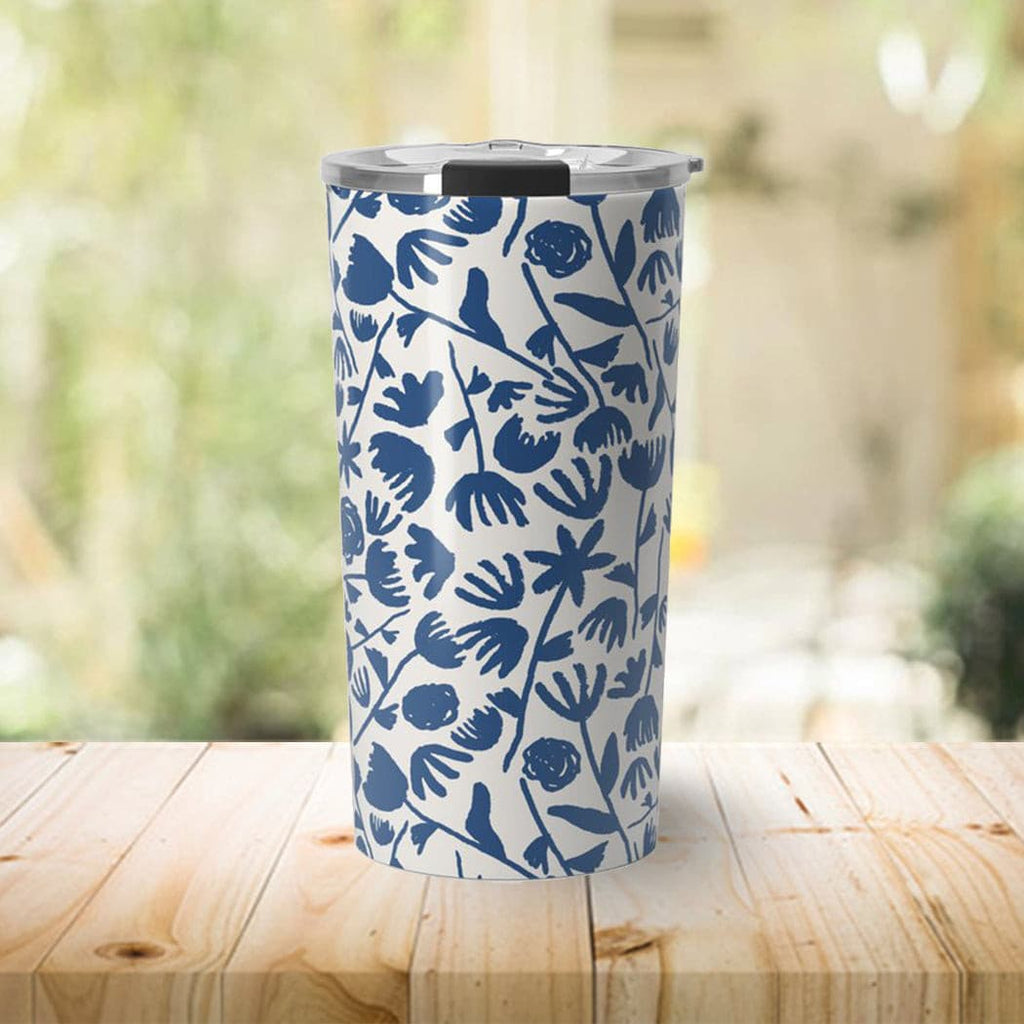 Dark Blue Floral Travel Designer Coffee & Tea Mug.